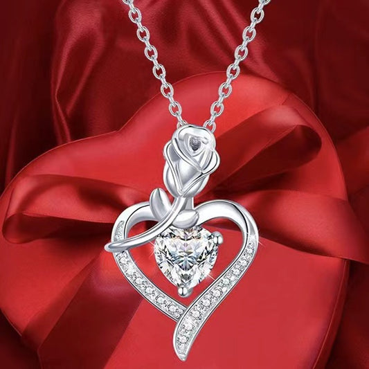 Fine Jewelry Birthstone Necklace 925 Sterling Silver Rose Flower Heart Pendant Necklace