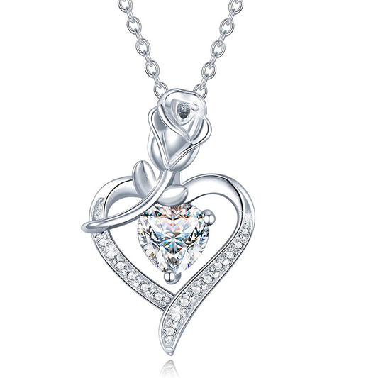 Fine Jewelry Birthstone Necklace 925 Sterling Silver Rose Flower Heart Pendant Necklace